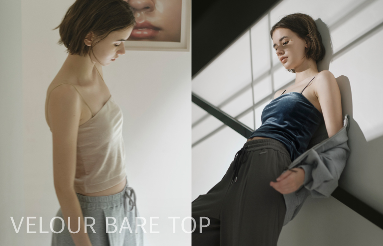 VELOUR BARE TOP バストのホールド感に定評のあるベアトップにベロア素材が５カラーで登場